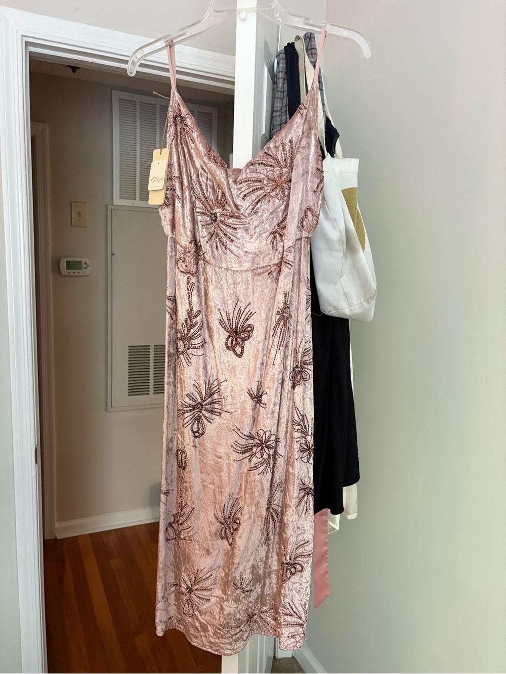 Free People Rose Pink Velvet Midi Slip Dress with Sequin Floral Motif
